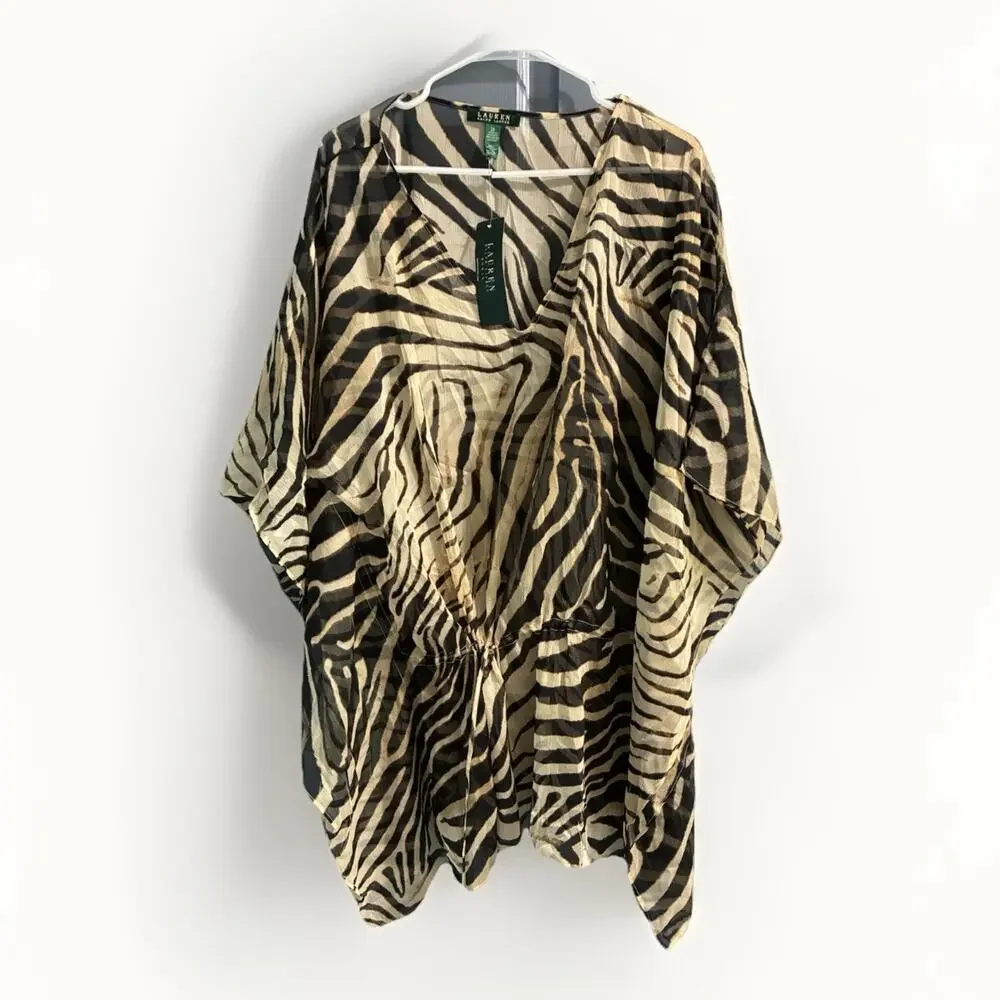 RALPH LAUREN Swim Coverup Plus Size 2X Lightweight Zebra Print Brown MSRP $120